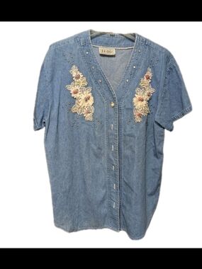 Vintage 80s Embellished Cowgirl  Lace rhinestones Denim Shirt XL